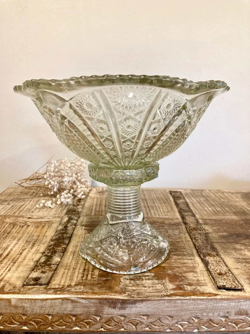 Mismatched Glass Punch Bowl and Base Flowers Pattern